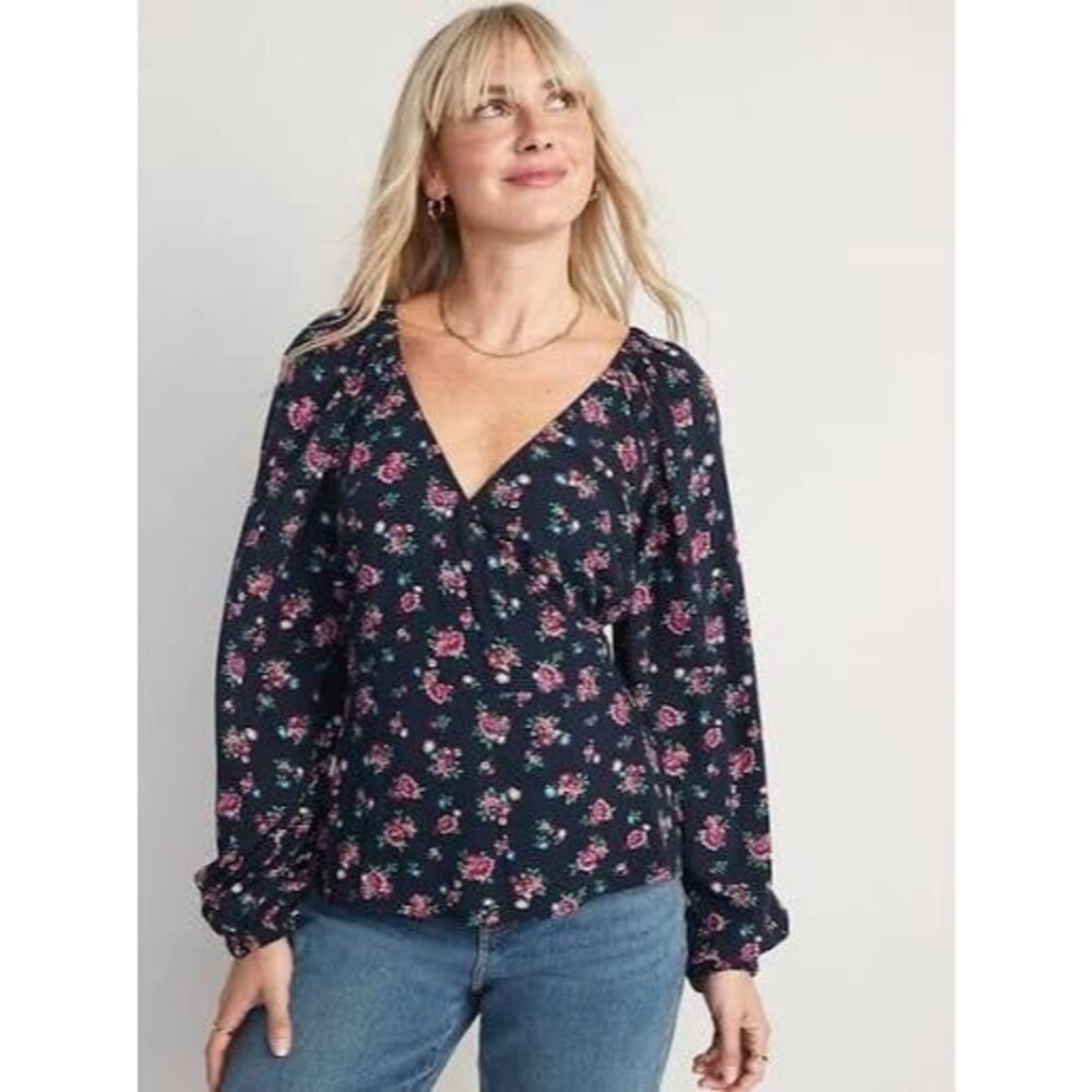 Puff-Sleeve Smocked Wrap Floral Blouse Small